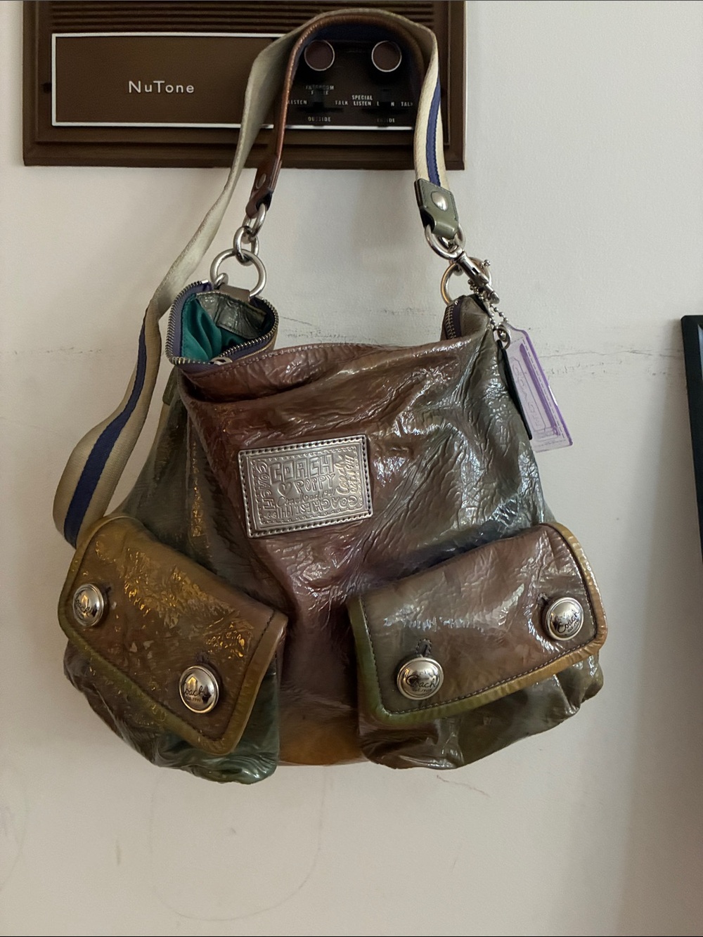 Coach Iridescent Multi-Color Shoulder Bag with Striped Strap